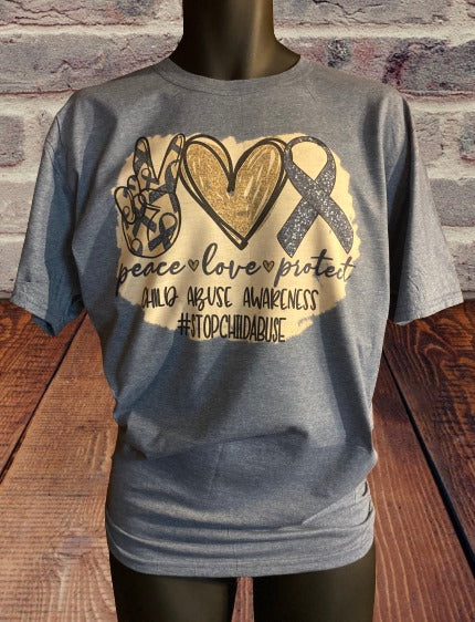 peace 💛 love 💛 protect Child Abuse Awareness Bleached T-Shirt